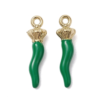 Ion Plating(IP) 304 Stainless Steel Pendants, with Enamel, Real 18K Gold Plated, Horn of Plenty/Italian Horn Cornicello Charms, Green, 19.5x5.5x4.5mm, Hole: 1.4mm