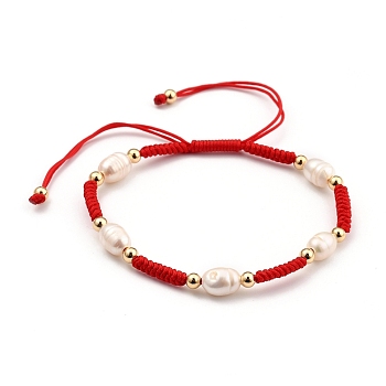 Adjustable Nylon Thread Braided Beads Bracelets, Red String Bracelets, with Natural Cultured Freshwater Pearl Beads and Brass Beads, Real 18K Gold Plated, Red, Inner Diameter: 6~9cm(2-3/8~3-1/2 inch)
