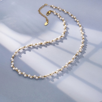 304 Stainless Steel & Plastic Pearl Round Beaded Necklaces, White, Golden, 16.06 inch(40.8cm)