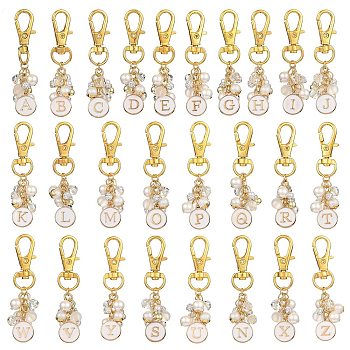 Flat Round with Letter A`Z Alloy Enamel Pendant Decoration, ABS Plastic Imitation Pearl & Glass  Charms for Backpack Key Chain Ornaments, Golden, 61mm, 26 styles, 1pc/style, 26pcs/set