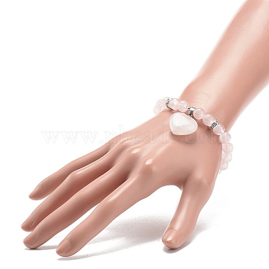 Natural Rose Quartz Round Beaded Stretch Bracelet with Heart Charm(BJEW-JB09019-03)-3