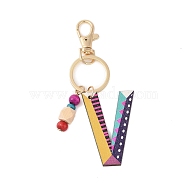 Wood Keychain, with Dye & Iron Key Ring, Letter V, 11.6~12.1cm(KEYC-S256-01V)