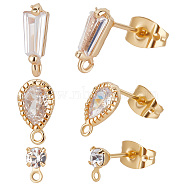 30Pcs 3 Style Brass Micro Pave Clear Cubic Zirconia Stud Earring Findings, with Loops and 30Pcs Ear Nuts, Teardrop & Flat Round & Trapezoid, Golden, 5.5~10x3~5.5mm, Hole: 0.8~1mm, Pin: 0.7~0.8mm, 10Pcs/style(KK-BBC0003-28)