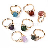 Adjustable Natural & Synthetic Gemstone Round Finger Rings, with Light Gold Brass Findings, US Size 9(18.9mm)(RJEW-T020-01KC)