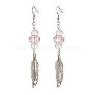 Feather with Round Beads Long Dangle Earrings for Girl Women, Antique Silver, Pink, 95.5mm, Pin: 0.7mm(EJEW-JE04681-03)