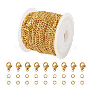 PandaHall DIY Chain Bracelet Necklace Making Kit, Including 304 Stainless Steel Cuban Link Chains & Lobster Claw Clasps & Jump Rings, Real 18K Gold Plated, Chain: 3x0.8mm, 5M/box(DIY-PJ0001-37)