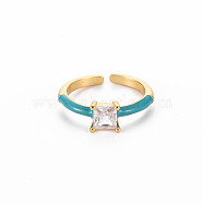 Brass Enamel Cuff Rings, Open Rings, Solitaire Rings, with Clear Cubic Zirconia, Nickel Free, Square, Golden, Dark Cyan, US Size 7(17.3mm)(RJEW-T016-32I-NF)