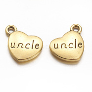 Tibetan Style Alloy Family Charms, Heart with Word Uncle, Lead Free & Nickel Free, Antique Golden, 13x15x3mm, Hole: 3mm(TIBEP-UK0005-08AG-FF)
