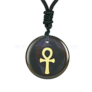 Natural Obsidian Pendants, Religion Charm, Flat Round with Ankh Cross, 1.18x0.24 inch(3x0.6cm)(RELI-PW0001-022D)