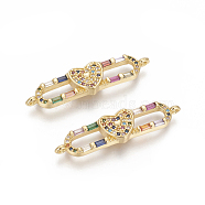 Brass Micro Pave Cubic Zirconia Links, Oval with Heart, Colorful, Golden, 35x8.5x3mm, Hole: 1.2mm(ZIRC-O034-05G)