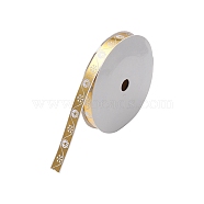 Flat Christmas Theme Polyester Satin Ribbon, Hot Stamping Ribbon, Clothes Accessories, Gold, Snowflake Pattern, 3/8 inch(9.5~10mm), about 9.84 Yards(9m)/Roll(OCOR-YWC0001-01B-02)