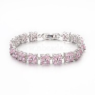 Noble Gift Ideas for Lady Platinum Plated Brass Micro Pave Cubic Zirconia CZ Flower Link Chain Bracelets, with Watch Band Clasps , Pearl Pink, 170x7x5mm(BJEW-L472-03)