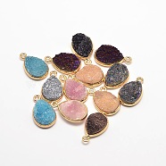 Electroplate Natural Druzy Crystal Charms, with Golden Tone Brass Findings, teardrop, Dyed, Mixed Color, 18x12x3~5mm, Hole: 2mm(G-A124-06)