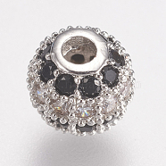 Brass Micro Pave Cubic Zirconia Beads, Round, Black, Platinum, 6mm, Hole: 1.5mm(ZIRC-E143-16P)
