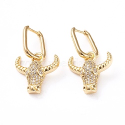 Brass Micro Pave Clear Cubic Zirconia Huggie Hoop Earrings, Long-Lasting Plated, Cattle Head, Golden, 32mm, Pin: 1mm(EJEW-L234-009G)