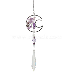 K9 Crystal Glass Big Pendant Decorations, Hanging Sun Catchers, with Amethyst Chip Beads, Moon with Tree of Life, Indigo, 410mm(HJEW-PW0001-013F)