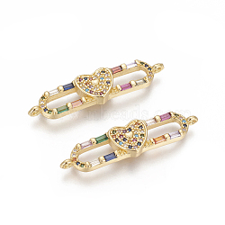 Brass Micro Pave Cubic Zirconia Links, Oval with Heart, Colorful, Golden, 35x8.5x3mm, Hole: 1.2mm(ZIRC-O034-05G)