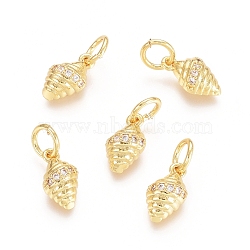 Brass Micro Pave Cubic Zirconia Charms, with Jump Rings, Shell, Clear, Golden, 9.5x6x3mm, Hole: 3.4mm(ZIRC-G161-08G)