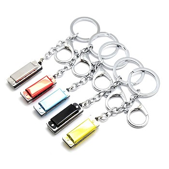 Personalized Platinum Plated Iron Keychain, Alloy Harmonicon Pendant Keychains, with Lobster Claw Clasps, Mixed Color, 125mm