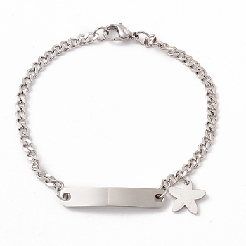 201 Stainless Steel Rectangle & Star Charm Bracelet with Curb Chain for Women, Stainless Steel Color, 7-7/8 inch(19.9cm)
