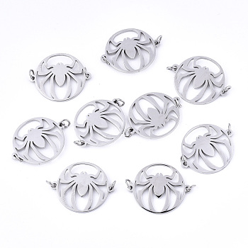 304 Stainless Steel Links Connectors, Laser Cut, Flat Round with Spider, Stainless Steel Color, 14x17x1mm, Jump Ring: 3x0.4mm, 2.2mm inner diameter