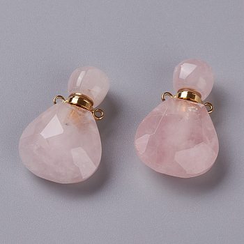 Teardrop Natural Rose Quartz Perfume Bottle Pendants, with 304 Stainless Steel Findings, Faceted, Golden, 26~26.5x17x8~8.5mm, Hole: 1.4mm, Capacity: about 2ml(0.06 fl. oz)