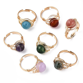 Adjustable Natural & Synthetic Gemstone Round Finger Rings, with Light Gold Brass Findings, US Size 9(18.9mm)