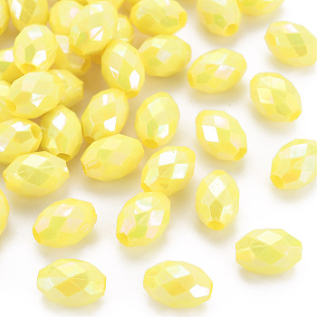 Opaque Acrylic Beads, Dyed, AB Color, Faceted, Oval, Yellow, 12x8mm, Hole: 2.5mm, about 1120pcs/500g