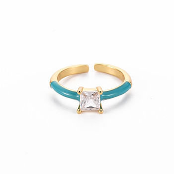 Brass Enamel Cuff Rings, Open Rings, Solitaire Rings, with Clear Cubic Zirconia, Nickel Free, Square, Golden, Dark Cyan, US Size 7(17.3mm)