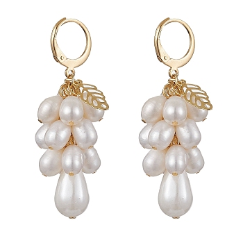 Golden 304 Stainless Steel Leverback Earrings, Natural Pearl Cluster Earrings, Seashell Color, 48~48.5x20mm