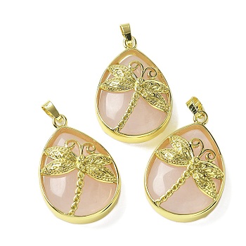 Natural Rose Quartz Pendants, with Golden Tone Brass Findings, Lead Free & Cadmium Free, Teardrop with Dragonfly Charms, 40~40.5x26~26.5x8.5~9.5mm, Hole: 7~8x4.5~5mm