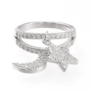 Brass Micro Pave Clear Cubic Zirconia Finger Rings, with Moon & Star Charms, Long-Lasting Plated, Platinum, Size 7, 17mm