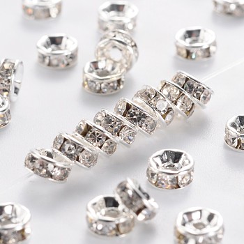 Brass Grade A Rhinestone Spacer Beads, Silver Color Plated, Nickel Free, Crystal, 5x2.5mm, Hole: 1mm