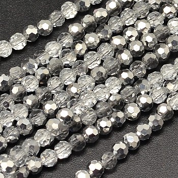 Faceted(32 Facets) Round Half Plated Electroplate Glass Beads Strands, Silver Plated, 4mm, Hole: 1mm, about 100pcs/strand, 14.9 inch