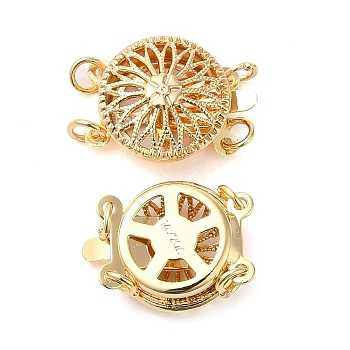 Brass Box Clasps, 2-Strand, 4-Hole, Flat Round with Flower, Nickel Free, Real 18K Gold Plated, 12.3x15.5x5.5mm, Hole: 1.5mm