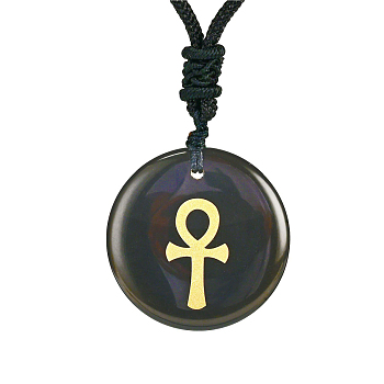 Natural Obsidian Pendants, Religion Charm, Flat Round with Ankh Cross, 1.18x0.24 inch(3x0.6cm)