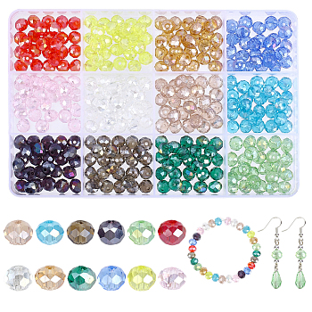 360Pcs 12 Colors Electroplate Glass Beads, AB Color Plated, Faceted, Rondelle, Mixed Color, 8x6mm, Hole: 1mm, 30pcs/color 