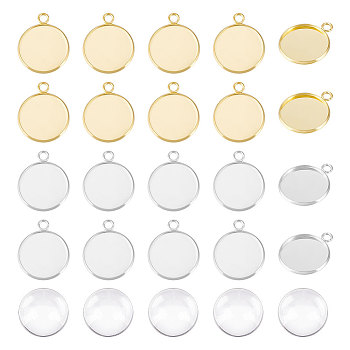 DIY Flat Round Blank Pendant Making Kit, Including 304 Stainless Steel Pendant Cabochon Settings, Glass Cabochons, Mixed Color, 56Pcs/box
