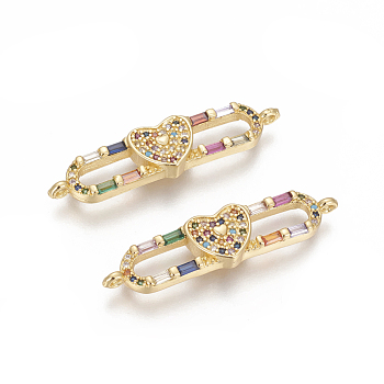 Brass Micro Pave Cubic Zirconia Links, Oval with Heart, Colorful, Golden, 35x8.5x3mm, Hole: 1.2mm