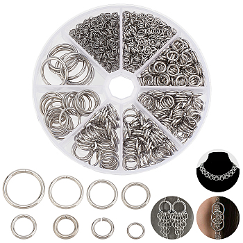 1212pcs 8 Styles 304 Stainless Steel Jump Rings, Open Jump Rings, Ring, Stainless Steel Color, 4~20x0.5~2mm