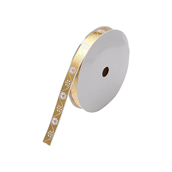 Flat Christmas Theme Polyester Satin Ribbon, Hot Stamping Ribbon, Clothes Accessories, Gold, Snowflake Pattern, 3/8 inch(9.5~10mm), about 9.84 Yards(9m)/Roll