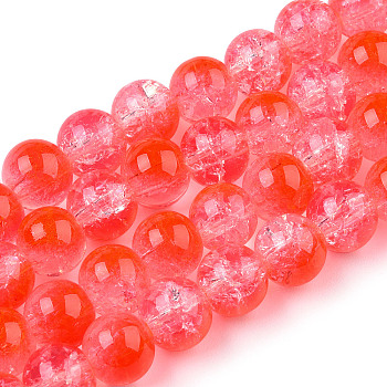 Transparent Crackle Baking Painted Glass Beads Strands, Imitation Opalite, Round, Orange Red, 6x5mm, Hole: 1.2mm, about 147pcs/strand, 31.10 inch(79cm)