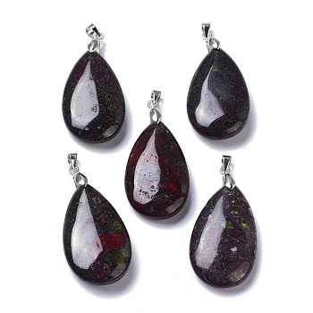 Natural Dragon Blood Pendants, with Brass Finding, Teardrop, 35x20x7.5~9mm, Hole: 4x3.5mm