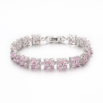 Noble Gift Ideas for Lady Platinum Plated Brass Micro Pave Cubic Zirconia CZ Flower Link Chain Bracelets, with Watch Band Clasps , Pearl Pink, 170x7x5mm