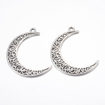 Tibetan Style Alloy Pendants, Crescent Moon, Cadmium Free & Nickel Free & Lead Free, Antique Silver, 40x29x1mm, Hole: 2.5mm, about 420pcs/1000g