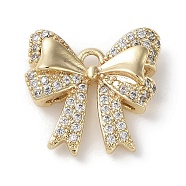 Brass Micro Pave Clear Cubic Zirconia Charms, Bowknot, Real 18K Gold Plated, 14x14x4mm, Hole: 1.5mm(KK-G491-20A-G)