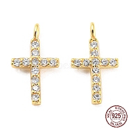 925 Sterling Silver Micro Pave Cubic Zirconia Charms, Cross, Real 18K Gold Plated, 10.5x6x3mm, Hole: 1.2mm(STER-Q190-03G)