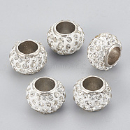 Handmade Alloy Polymer Clay Rhinestone Beads, Large Hole Beads, Rondelle, Platinum, Crystal, 13x9mm, Hole: 6.5mm(RB-S049-09)