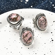 Natural Rhodonite Adjustable Rings, Lead Free & Cadmium Free, Antique Silver Plated Brass Finger Rings for Women, Oval, 27mm, Inner Diameter: 17mm(RJEW-I108-01AS-04)