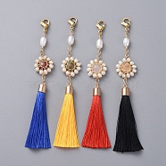 Polyester Tassel Big Pendant Decorations, with Natural Pearl, Gemstone Cabochons and Golden Plated 304 Stainless Steel Lobster Claw Clasps, Mixed Color, 120mm(HJEW-JM00379-M)